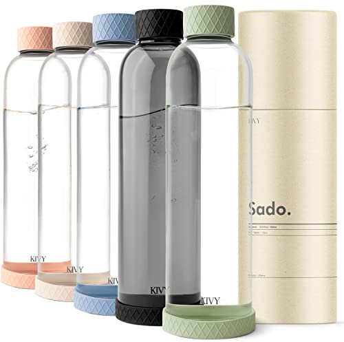 KIVY Glasflasche 1 Liter Mit Silikonschutz [Äußerst Bruchsicher] - Trinkflasche Kohlensäure Geeignet - Wasserflasche 1l - Glastrinkflasche