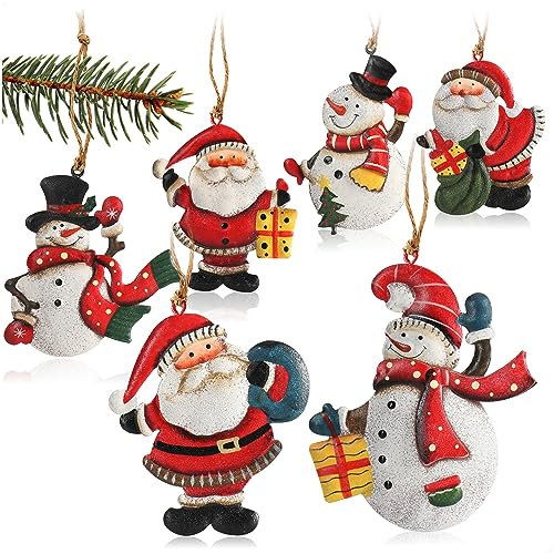 COM-FOUR® 6X Metallanhänger für den Weihnachtsbaum - Christbaumschmuck aus Metall - Weihnachtsdeko mit Schneemann und Weihnachtsmann (6 Stück - Santa + Schneemann - groß)