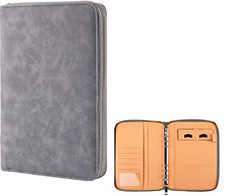 Konferenz Dokumententasche mit Reißverschluss Wasserdichte Dokumententasche Leder Multifunktionaler Portfolio A5 Ringbuchmappe Karte Dokumente Organizer Schreibmappe Notizblock （Grau）