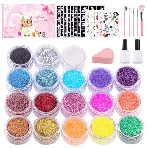Glitter tatueringsset barn flickor glitter tatueringar med 18 färger glitterpulver 115 stenciler 2 lim 5 borstar vattentäta tatueringar semestergåva födelsedag halloween påsk jul