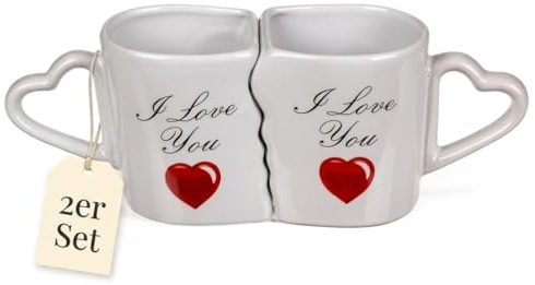 MIJOMA Set di 2 tazze da caffè I love you, romantiche, a forma di cuore, perfette per coppie, in gres, 300 ml, bianco, MIJ-411085