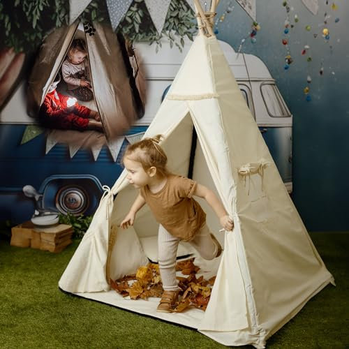 Tipi-Zelt für Kinder aus 100% Baumwolle mit Anti-Kollaps-System, Kuschelmatte, Zwei Kissen, Kinderzelt - Kinderspielhaus - Spielzelt - Kinderhaus - Kinderzelt für Drinnen und Draußen