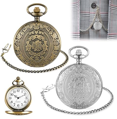 2 Stück Vintage Taschenuhr - Taschenuhr mit Kette, Quarz Taschenuhr für Herren, Damen, Vater, Opa, Geburtstag, Jahrestag (Bronze und Silber)