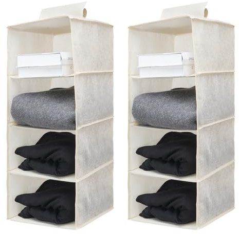 Minnhua 2 Piezas Organizador Armario Colgante, Estantes Armarios Organizador con 4 Compartimentos, Baldas Armarios Interior, Arrumacao Roupeiro, Organizadosr Colgante de Tela para Ropa (Beige)
