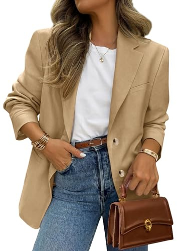 PRETTYGARDEN 2026 Blazers for Women Business Casual Long Sleeve Lapel Open Front Suit Jacket Work Blazer with Pockets (Khaki,Medium)
