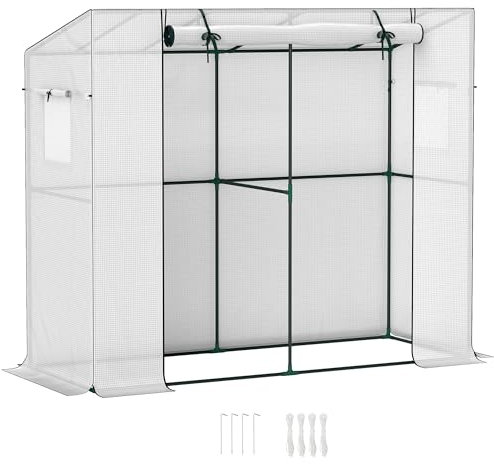 Outsunny Gewächshaus mit Rolltür 2 Fenster, Winterfest Foliengewächshaus aus Stahl, Treibhaus für Balkon, Garten, Tomatenhaus mit UV Schutz 200x76x170cm Tomatengewächshaus für Gemüse Blumen, Weiß