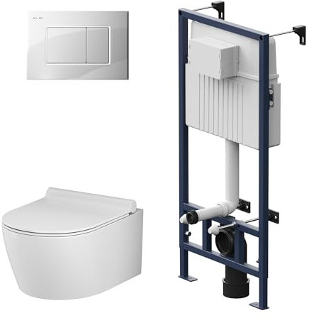AM.PM - Hänge WC Komplettset, Vorwandelement WC Set Komplett Vormontiert (ProC) + Wand WC Weiß ohne Spülrand (X-Joy S) + Drückerplatte + WC-Sitz mit Absenkautomatik, Toilette Komplett Set