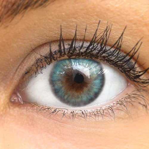 GLAMLENS lentilles de couleur bleu naturelles colorées très haute opacité Avila Blue + étuis à lentilles de contact I 1 paire (2 pièces) I 90 Jours I sans correction I 0,00 Dioptries