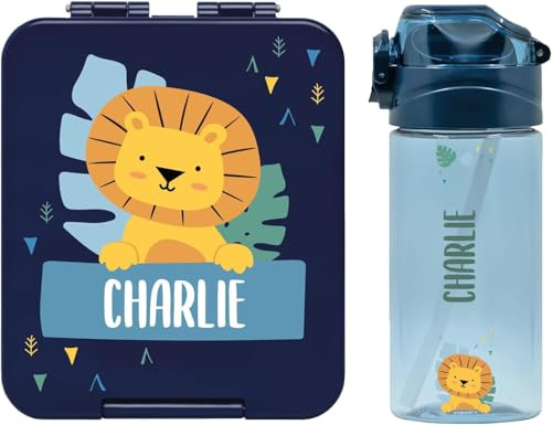 BIENMARQUER - Coffret avec gourde personnalisable pour enfants et boîte à goûter personnalisée en plastique pour enfants - Gourde avec paille, capacité 450 ml - 100% sans BPA (Bleu foncé)
