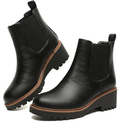 Maxome Women's Wedge Chelsea Booties Elastic Round Toe Platform Lug Sole Ankle Boots Black