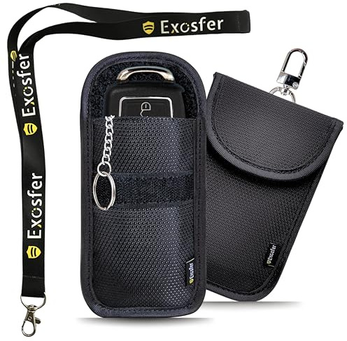 EXOSFER - Antifurto Auto: Set 2 Blocco RFID Custodia Ripstop (1 Small + 1 Medium) + 1 Lanyard | Protezione Chiave Keyless, Telepedaggio | Gabbia di Faraday, Schermatura RFID, Custodie Antihacking