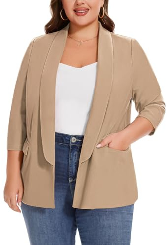 MINTLIMIT Womens Plus Size Blazer 3/4 Sleeve Lightweigth Summer Jacket Suits Casual Formal Shawl Collar Open Front Blazer with Pocket(Khaki,3XL)