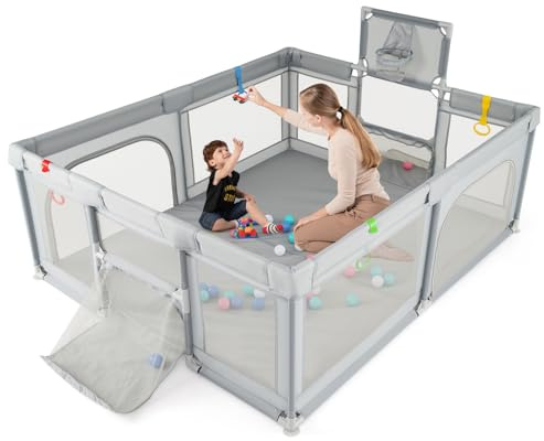 GOPLUS Parque Infantil Plegable para Bebés con Canasta de Baloncesto, Portería de Fútbol, Corralito Recinto para Niños con Puertas, Anillas de Tracción, Bolas Oceánicas (Gris claro,188 x 157 cm)