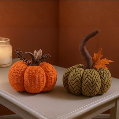 Marco Paul Set of 2 Knitted Decorative Pumpkins 13cm Orange & Green Plush | Pumpkin Decorations for Home, Halloween Decor, Autumn Decorations, Fall Decor, Tabletop & Mantel Display