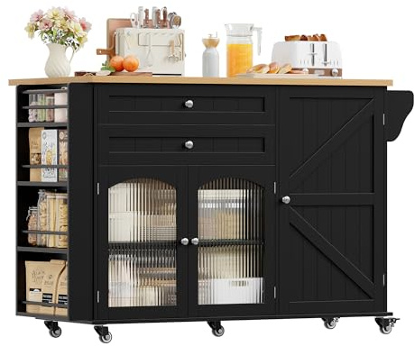 FirFurd Kücheninsel mit klappbarer Arbeitsplatte Küchenschrank mit Rollen Küchenwagen mit 2 Schubladen und 3 Türen Buffetschrank für Küche Wohnzimmer Küchenbuffet mit Regal 132x97,5x60 cm schwarz