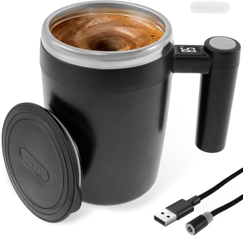 Selbstrührende Tasse aus Edelstahl 400ml, Selbstrührender Kaffeebecher mit Magnetrührer Abnehmbar, Rutschfester Boden Intelligente Kaffeetasse für Kaffee, Tee, Milch,Heiße Schokolade, Sirup (Schwarz)
