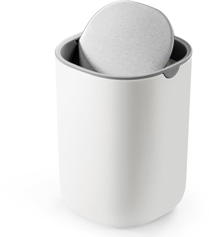 SONGMICS Cubo de basura de mesa con tapa, mini cubo de basura, cubo de basura de mesa para baño, escritorio, dormitorio, coche, tapa basculante de acero inoxidable, 1,5 L, color blanco nube LTB150W101