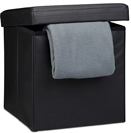 Relaxdays Faltbarer Sitzhocker, Sitzcube mit Stauraum u. Deckel, Fußablage, Sitzwürfel aus Kunstleder, 38x38 cm, schwarz