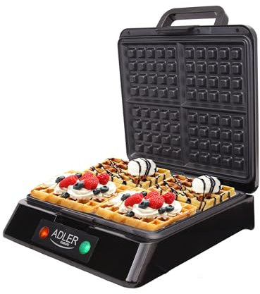 ADLER Waffeleisen, 1400 W Maximalleistung, Waffelgröße 9 x 4 cm, nicht beheizter Griff, schwarz