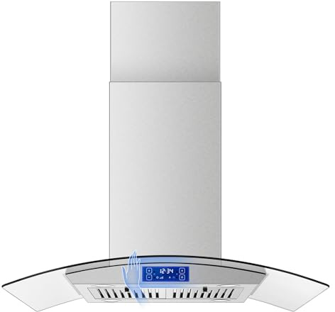 Tieasy Island Range Hood 36 inch 700 CFM Ceiling Mount Kitchen Stove Hood Ducted with Tempered Glass 4 LED Lights Touch Control 3 Speed Fan Permanent Filters