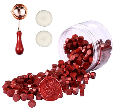 Comealltime 248 Piece Sealing Wax Kit, Octagonal Sealing Beads with 2 Tea Lights and 1 Melting Spoon, Wax Seal Stamp (Flamered)
