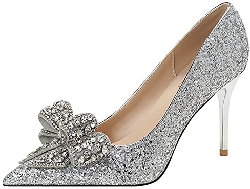 Décolleté con Tacco Alto da Donna Décolleté con Punta a Punta Chiusa Décolleté con Tacco a Spillo Scarpe da Cerimonia per Feste di Matrimonio Scarpe da Ufficio da Donna,Silver,39 EU/8 US