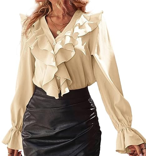 KONFEN Women's Casual V Neck Tops, Ladies Blouses Ruffle Shirts with Ruffle Cuff, Long Sleeve Shirt Jumper Sweatshirt Elegant Solid Color Loose Fit for Autumn Winter Spring, Apricot L