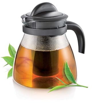 Avilia Teiera con Filtro Infusore per Tè e Caffè - Infusiera Adatta a Microonde, Gas e Piastre Elettriche, con Fondo Estraibile per Pulizia Facile, in Vetro Borosilicato Antracite, 1.5L