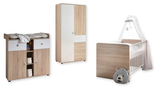 Stella Trading Wiki-Juego Completo de Muebles para habitación de bebé (3 Piezas, Incluye Armario, Cuna y Cambiador), Color, Material de Madera, Roble Sonoma/Blanco, Komplett-Set 2