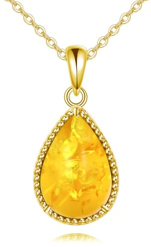 VONALA Gold Amber Necklace 925 Sterling Silver Teardrop Pendant Gold Amber Stone Necklace Jewellery Gifts for Women