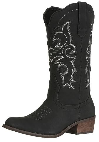 J's.o.l.e Ladies Pointed Toe Western Cowboy Boots Brown Black | Classic Stitching, Festival Season, Wide Mid-Calf, Anti-Slip Rubber Sole, Line Dancing, Statement Piece