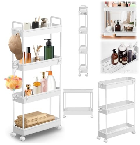 4 Tier Trolley on Wheels Slim Storage Cart Slide-out Slim Rolling Utility Cart for Narrow Space, Mobile Shelving Unit for Bathroom Kitchen Laundry