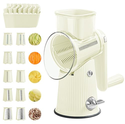 Cheese Grater Rotary Shredder, 5 in 1 Hand Crank Vegetable Slicer with 10 Interchangeable Blades and Handle and Storage Box for Potato, Carrot, Cheese, Chocolate, Vegetable (Milky White)