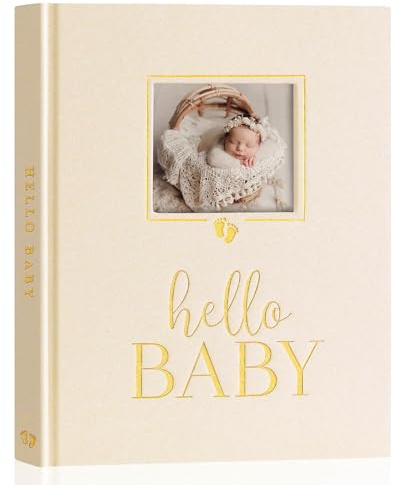 Lanpn Hello Baby Memory Book, First 5 Year Keepsake with DIY Window, Linen Baby Journal Memories Scrapbook Photo Book, Newborn Milestone Album for Boy Girl New Parents (154 Pages, Beige)