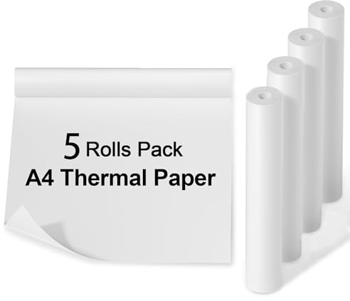 Papel Térmico A4 para Impresora Portátil – 5 Rollos (210×30 mm, 30 Hojas/Rollo) Sin BPA, Secado Rápido y Compatible con Impresoras Térmicas A4 Phomemo M08F, Liene y HPRT