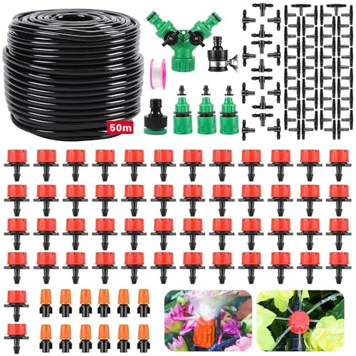Sistema de Riego Automático,201 Piezas,50M Kit Riego por Goteo,Riego por Goteo Huerto, Riego por Goteo Huerto,Adecuado para Prados, Jardines, Huertos Sistema de Riego Automático para Césped