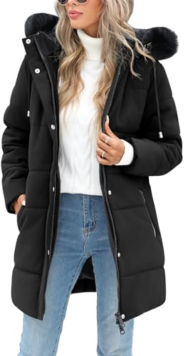 Tuopuda Manteau Femme Hiver Doudoune Chaude Veste Polaire Longue Blouson Femme Chic Manteaux Parka Imperméable à Capuche et Zippé Coupe-Vent Idee Cadeau, Noir, M