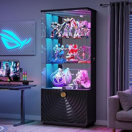 Gurexl 70.9” Display Cabinets with Lockable Glass Doors,Modern Storage Cabinet with Dazzling Lights and Adjustable Shelves,Tall Glass Wine Cabinet with Human Sensor for Living Room,Curio,Bar,Black