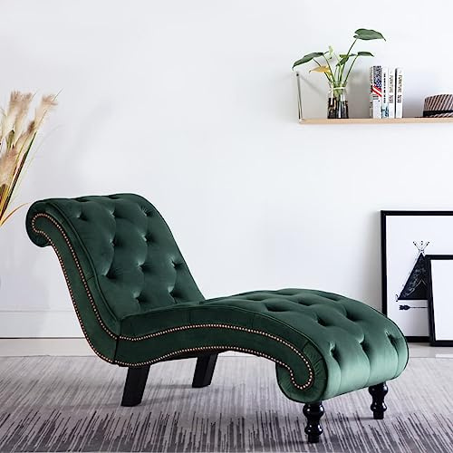 Mokuyary Chaiselongue grön sammet loungefåtölj liggstol sovfåtölj TV-fåtölj för vardagsrum, sovrum och kontor