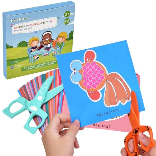 Linkbro 2 tijeras infantiles + 48 hojas de papel, tijeras de seguridad para manualidades con puntas redondeadas, juguetes educativos para niños a partir de 2/3 años, promover la motricidad fina