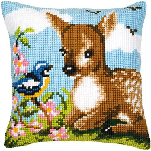 Vervaco Kreuzstich Stickpackungen Kissen Stickerei Set Anfänger Vorgedruckt Hirsch DIY Set Kreativ Set Für Erwachsene Dekoratives Kissen ca. 40 x 40 cm Bastelset Handwerker Haus Dekoration