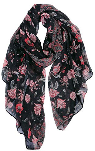 DAMILY Écharpe Légère Pour Femme Mode Motif Floral Wrap Châle Confortable Étole de Foulard en Coton (Noir-Fleurs Rouges)