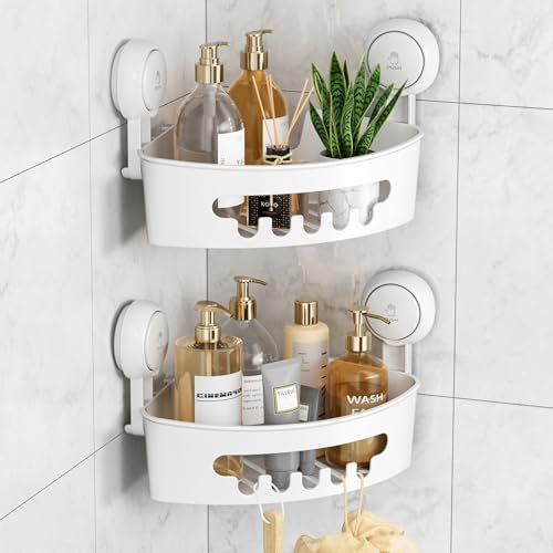 LEVERLOC Corner Shower Caddy Suction Cup 2 Pack Bathroom Triangle Shower Shelf No Drilling Rust Free Removable Waterproof Vacuum Shelf Shampoo Organizer for Bathroom & Kitchen, White