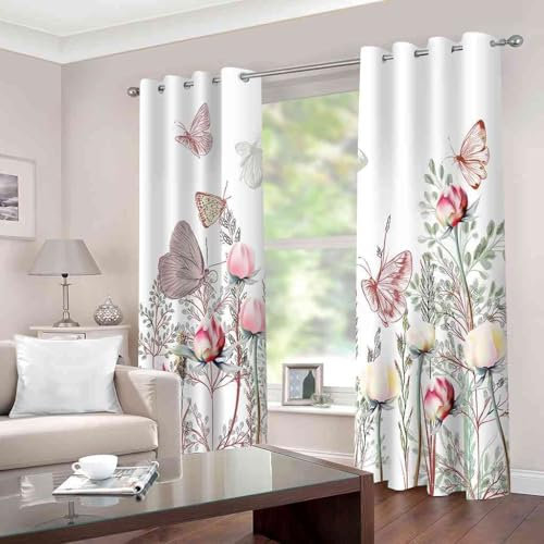YIJOY Rideaux Occultant pour Chambre À Coucher Salon Cuisine Oeillets Isolation Thermique Rideau Papillon Fleur Rose Polyester Rideau Fenêtre 234x230cm, 2 Panneaux