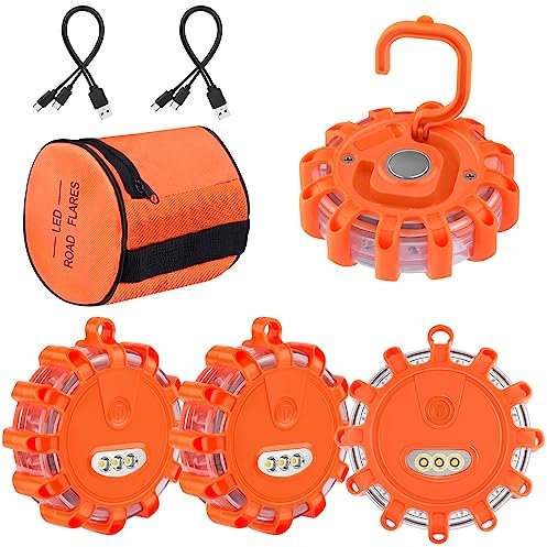 [4 Pack] LED Road Flare,USB Rechargeable Emergency Disc Beacon with 9 Flash Modes,2 in 1 Charging Cable & Car Charger Roadside Flashing Warning Lights for Car Truck Boats(Batteries Included) (4)