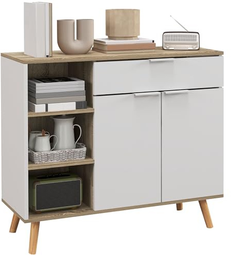 HOMCOM Mobile Multiuso Salvaspazio con 3 Ripiani Aperti, Armadietto e Cassetto, Credenza Moderna in Truciolato e Legno di Pino, 95x35x85 cm, Bianco e color Legno