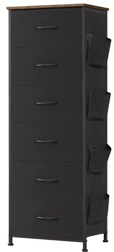 Somdot Commode haute pour chambre à coucher, avec poches latérales, organiseur de rangement à 6 tiroirs avec bacs en tissu pour placard, chevet, chambre d'enfant, salon, entrée, couloir, noir