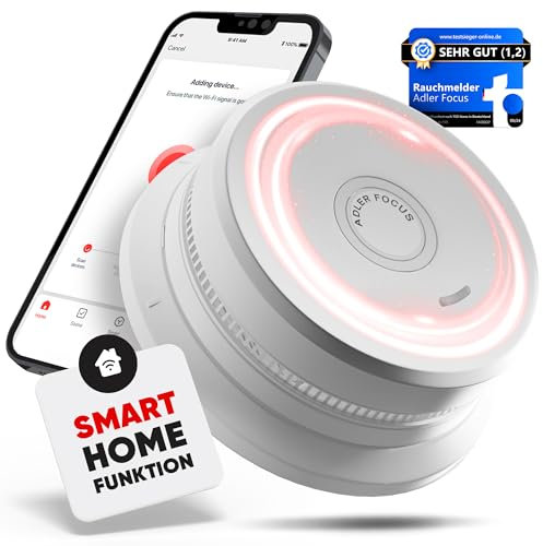 Adler Focus Rauchwarnmelder, Smart Home, mit neu entwickeltem Fotoelektrischem Sensor - austauschbarer Batterie, App-Benachrichtigungen, Testsieger mit 10 Jahren Lebensdauer, 1 Stück