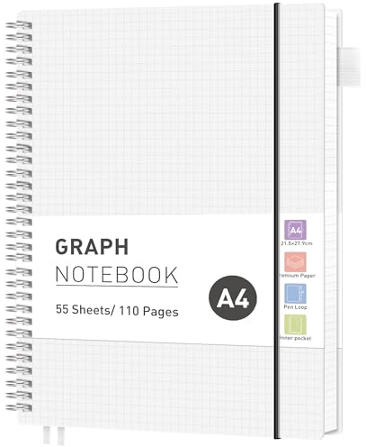 RETTACY Anteckningsbok, A4-format, rutigt papper, collegeblock med 55 ark/110 sidor, mjukt PVC-skydd, spiralbok med papper på 100 g/m², för skola, konferenser och dagbok, 21,5 x 27,9 cm, transparent