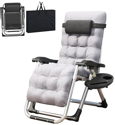 LSLIFE Zero Gravity Garden Chair folding Sun Loungers with Cup Holder & Cushion Carry Bag Adjustable Outdoor Reclining Garden Chairs for Patio Garden Beach (Grey)